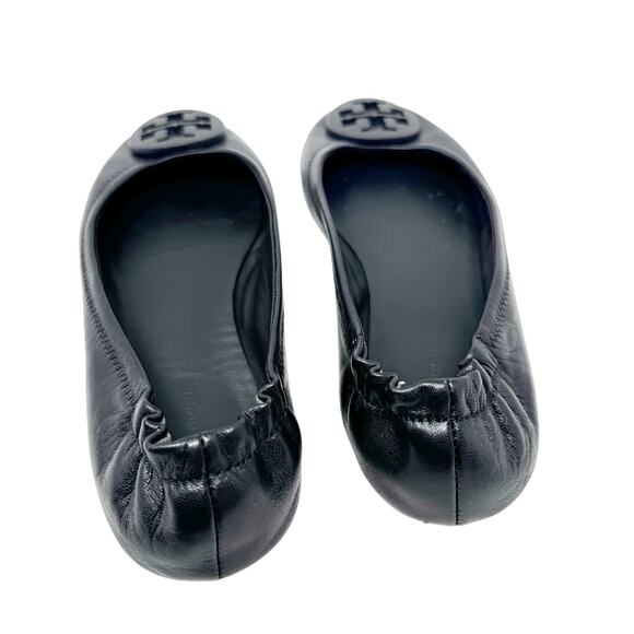 Tory Burch Minnie Travel Flats Black Leather Tonal Logo Ballet Shoes Size 7 - Picture 3 of 9